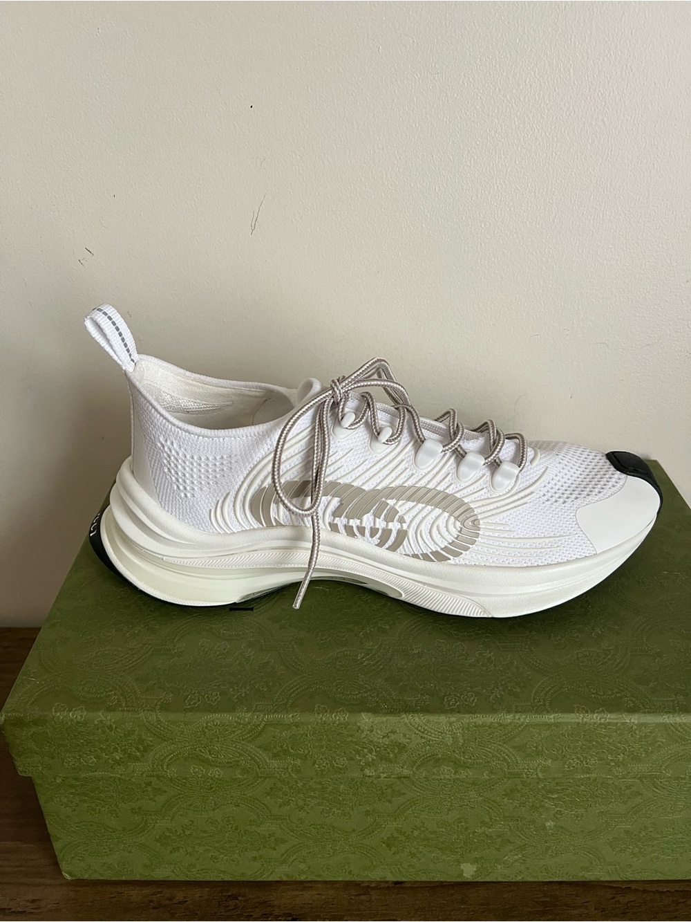 Gucci White Knit Platform Lace-Up Sneaker with Silver Accents